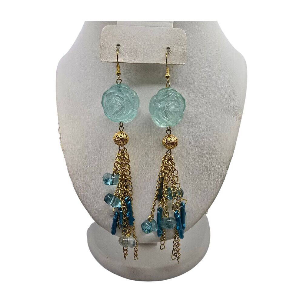 Pierced Carved Rose Earrings Shoulders Dusters Light Blue Gold Tone 5" L Vintage